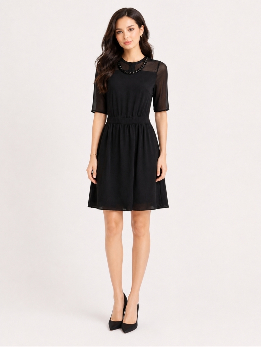 Way Lee | Vintage Black Semi Sheer Beaded Fit & Flare Dress